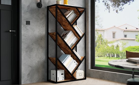 DESMIU Boekenkast - Boomvormig Open Wandrek Met Anti Kantel - 80 X 35 X 160 Cm - MDF En Staal - Zwart Bruin - Voor Woonkamer En Werkkamer — afbeelding 3