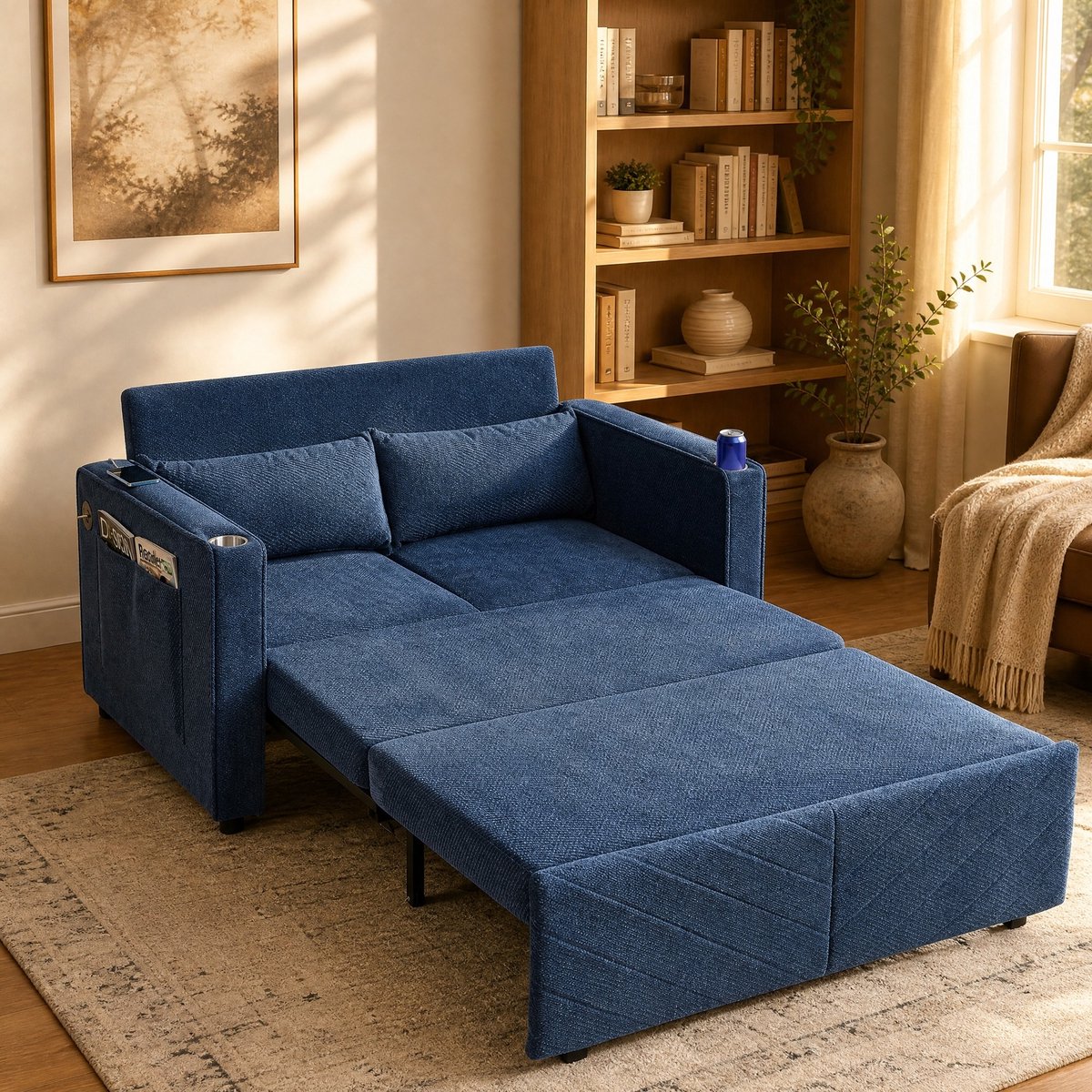 COVREO Slaapbank 195x134x73 cm Navy Blue, hout en stof, met USB-oplaadpoort