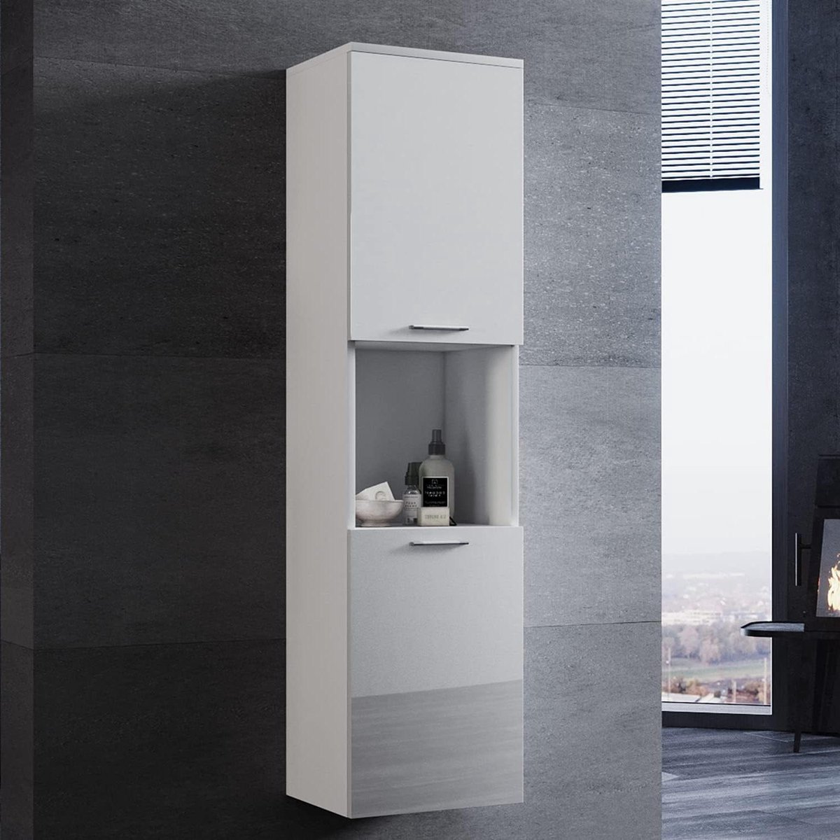 Badkamerkast Hoog - Smal Meubel - Opbergen Badkamer - Soft-close Systeem - 33 cm Breed - Hoogglans Wit
