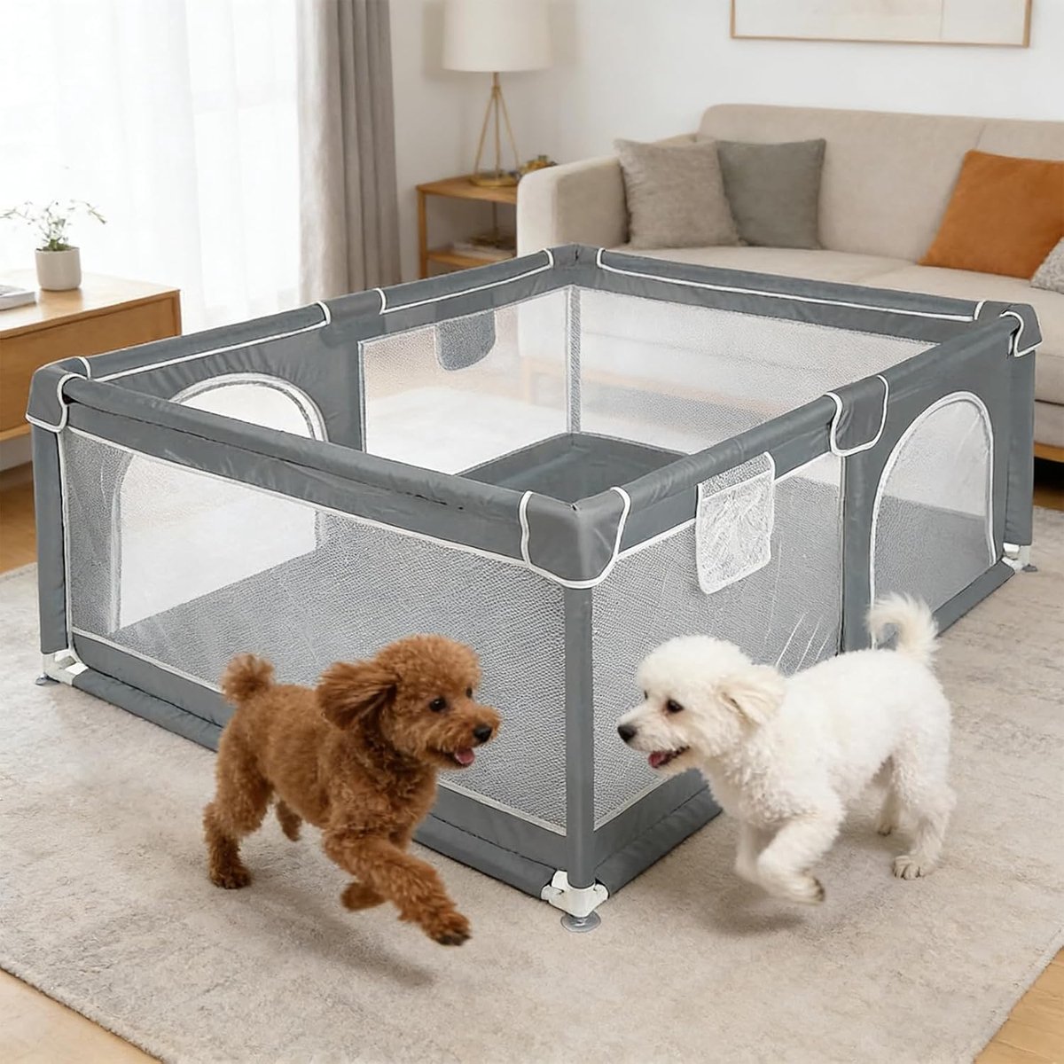 Box voor honden en puppy's met deur en draagtas, zuignappen van TPR, binnenren van Oxford-stof en nylon net, voor kleine en middelgrote dieren (donkergrijs, 120 x 160 cm)
