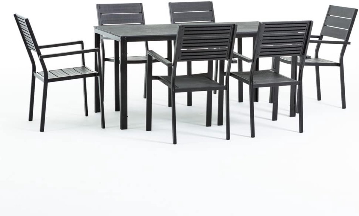& Adele Tuinset voor 6 personen, tuinmeubelen, terrasmeubelset, zitgroep, meubelset, ijzeren frame, polyethyleen, stapelbaar, houtlook (antraciet)