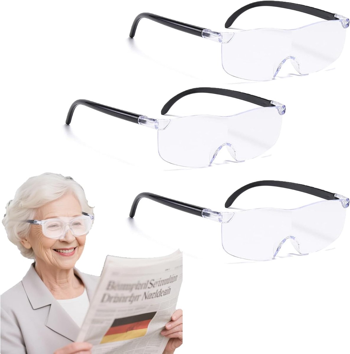 3 stuks loepbril, vergrotingsbril, 150%, 200%, 300%, brilvergrootbril, randloos, anti-blauw licht, loepbril voor brildragers, draagbare leesloepen, handsfree voor dichtbij werken, lezen