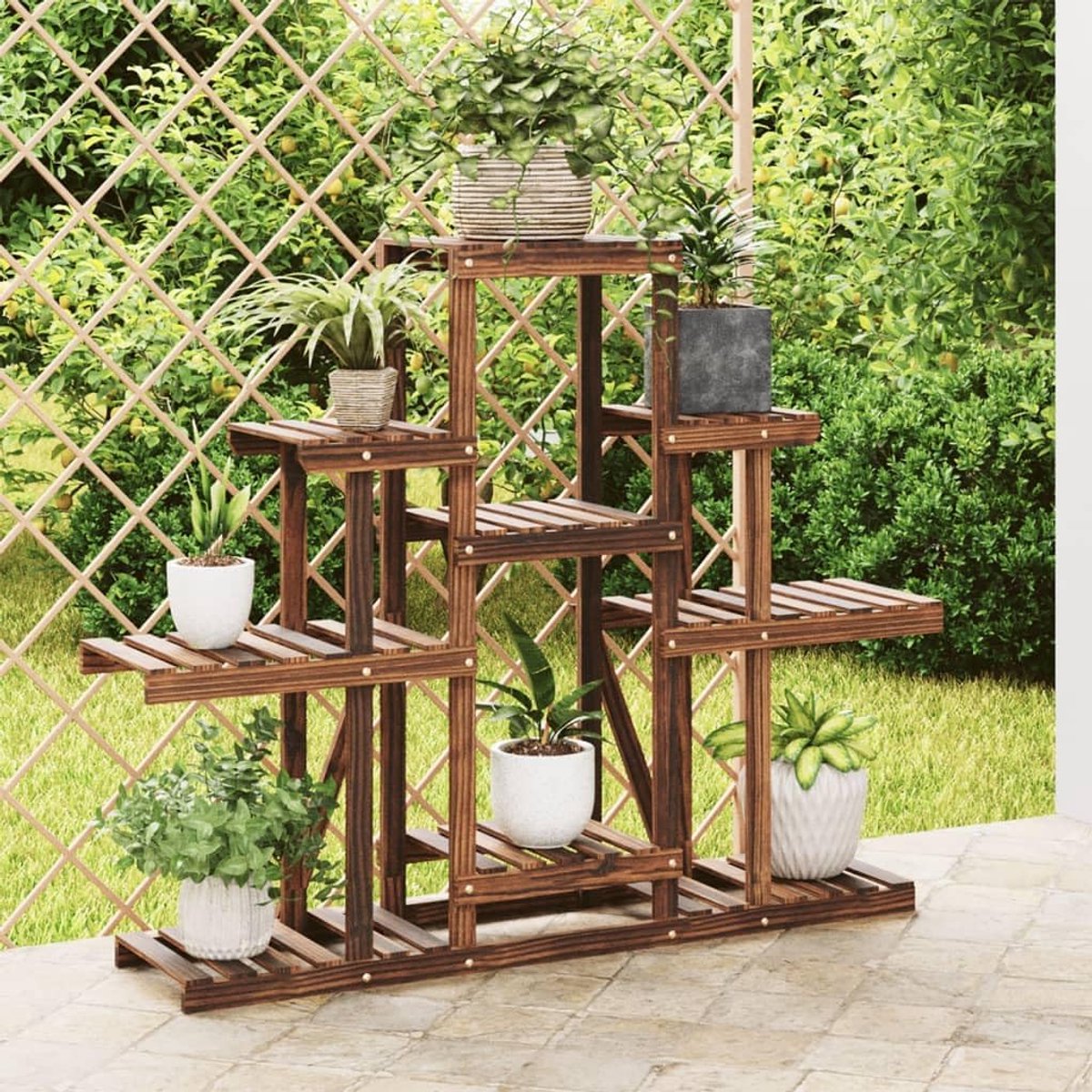 Dennenhout, 110 x 25 x 96 cm, 3 niveaus | Duurzaam massief hout, gecarboniseerde afwerking, plantenrek, wandbevestiging inbegrepen, woonkamer, balkon, terras