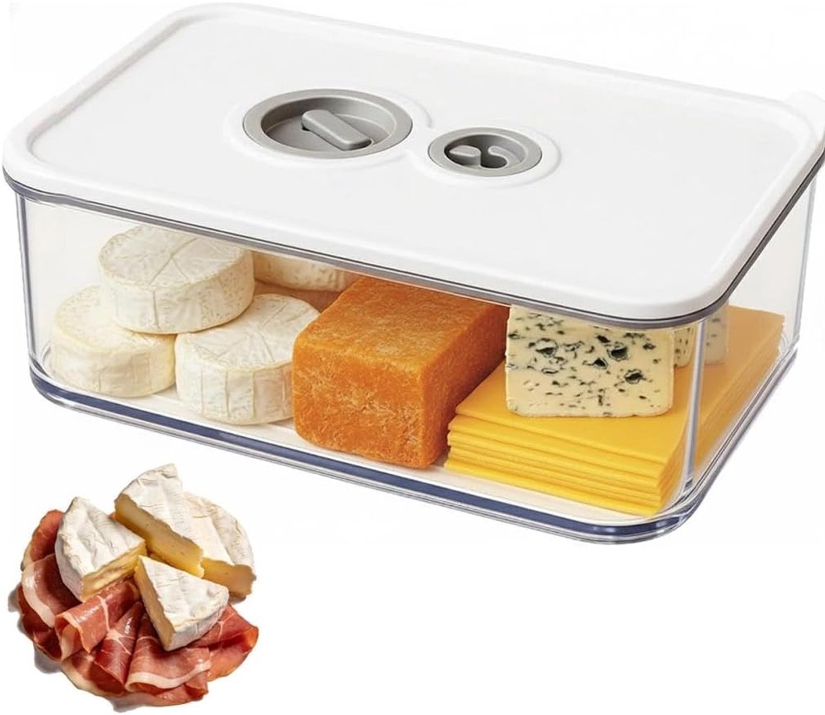Kaasdoos voor koelkast, kaas en worstcontainer met versheidsweergave, siliconen afdichting en stapelbaar, voor kaas, worst en meal prep (1250 ml)