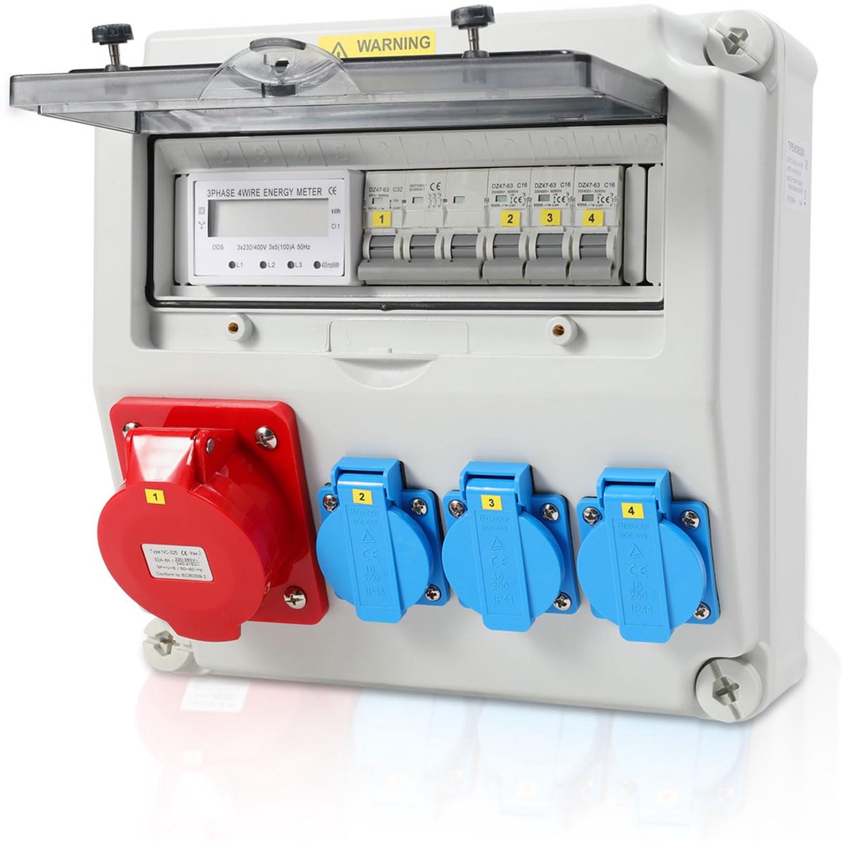 Wandstroomverdeler Bouwstroomverdeler CEE 1x32A 5P, 3x16A 230V Schuko stopcontacten, met stroomonderbreker en 3-fasen stroommeter, IP44 waterdicht, voorgekabelde stroomverdeler