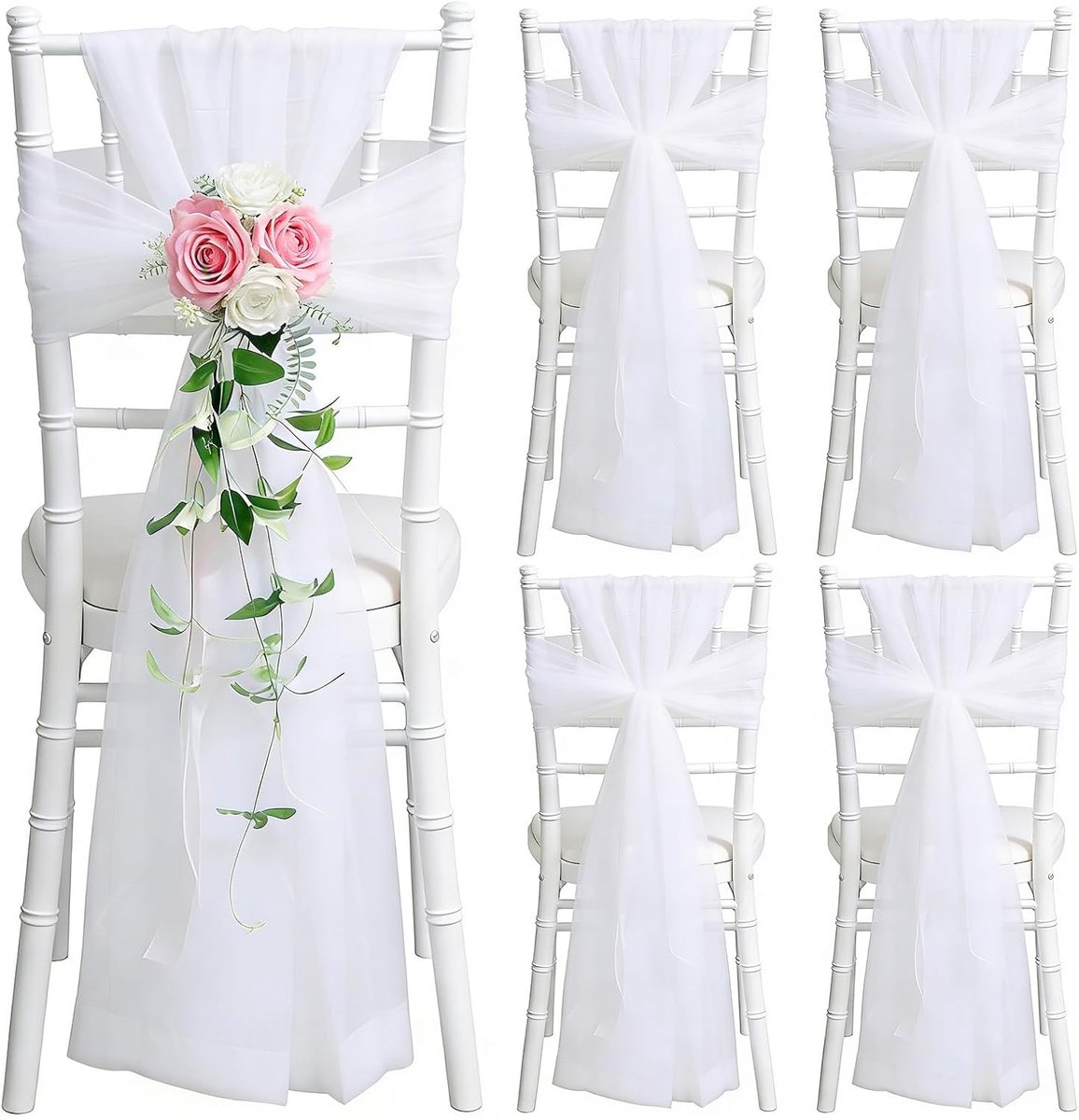 5 stuks Organza stoelband, stoelversiering voor bruiloft, stoeldecoratie met strik 200 X 150 cm wit, voor feest, bruiloft, ceremonie, woonkamer, eetkamerstoel