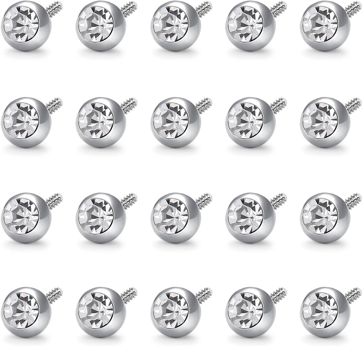 Set van 20 piercingballetjes, chirurgisch staal, zilver, vervangende bol, schroefballetje (2,5/3/4/5/6/8 mm) voor schroefdraad 1,2 mm, 1 mm