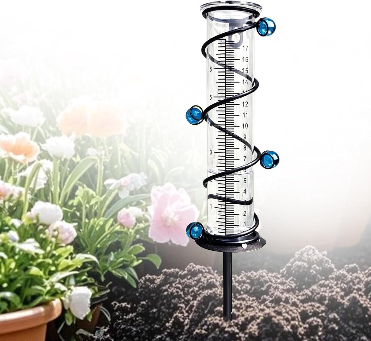 Regenmeter: glazen ijzeren regenmeter voor tuin, vorstbestendig met metalen standaard, goed afleesbaar, neerslagmeter voor buiten en landschap, terras, gazon, transparant