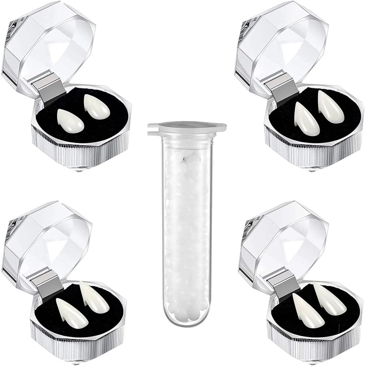 5 Stuks Vampiertanden Kit 4 Maten Custom Fangs Vampiertanden Nep Kunstgebit met 1 Buis Tanden Pellets Lijm voor Cosplay Party Props Halloween Party Fangs Vampier Tanden Kostuum Nep Kunstgebit, 1