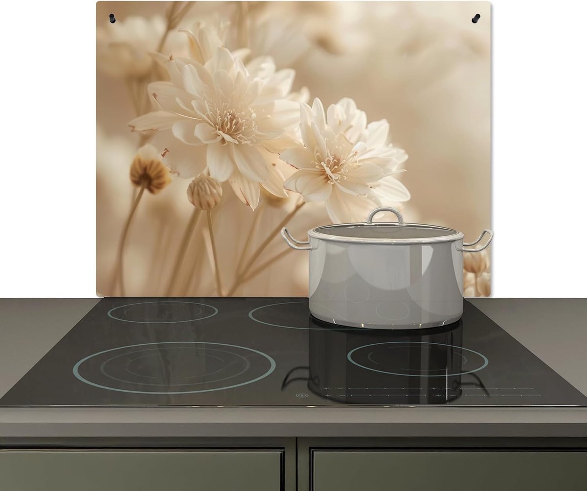 Spatscherm Keuken 52x71 cm Kookplaat Achterwand Beschermer Muur Spatwand Fornuis Aluminium Hittebestendig - Bloemen - Beige - Natuur