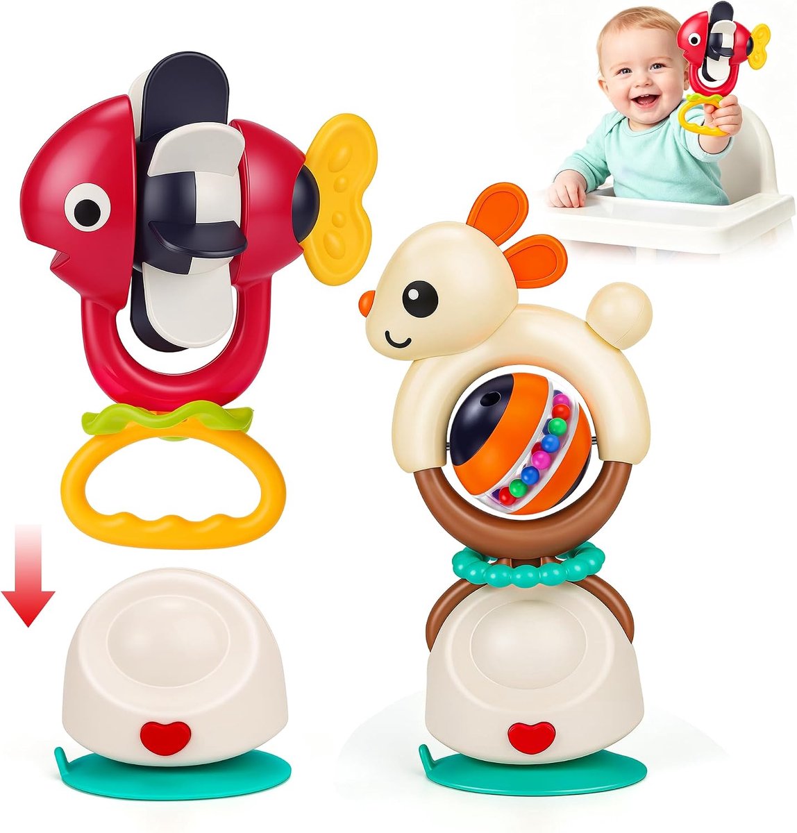 2-in-1 babyrammelaar met zuignap, draaibaar grijpspeelgoed, handrammelaar voor kinderwagen, tafel en kinderstoel, motoriek speelgoed, haas en vliegtuig