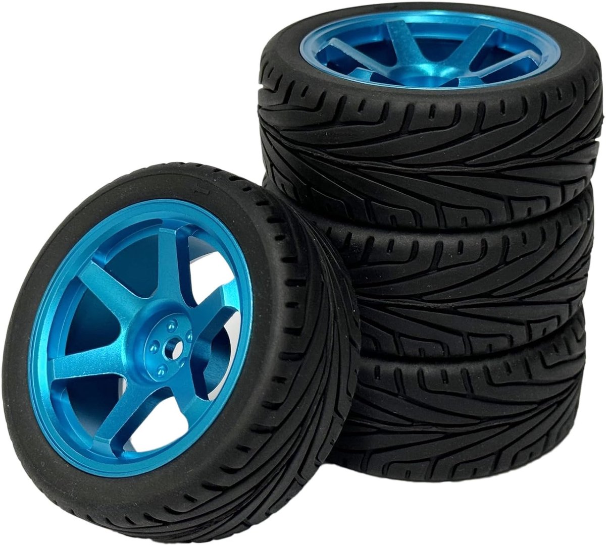Wielenset, 4 stuks, 65 mm rubberen banden en 6 spaken, aluminiumlegering, metalen velgen, reserveonderdelen voor 1/10 RC On-Road Touring Racing Auto (zwart blauw)