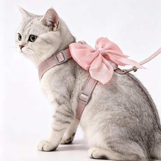 Set Met Lijn, Ontsnappingsbestendig Kattentuig, Comfortabel Verstelbaar, Met Roze Strik, Voor Katten En Puppy’s, Nylon, S Roze — afbeelding 5
