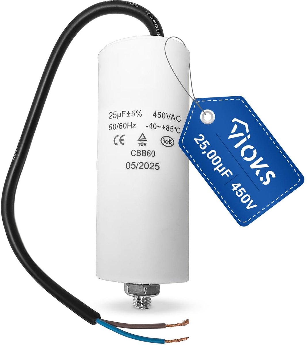 CBB60 condensator 25µF 450V - universeel - met aansluitkabel en M8 bevestigingsschroef - SnelShoppen