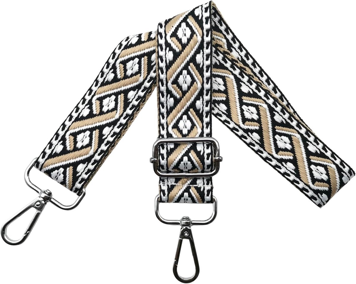 Tasriemen om te wisselen, schouderriem voor tas, verstelbare tasriem, breed, 3,8 cm, met zilveren karabijnhaak, schouderriem, tasband, draagriem voor handtassen, kleurrijk, R, wit/kaki, 80-130cm