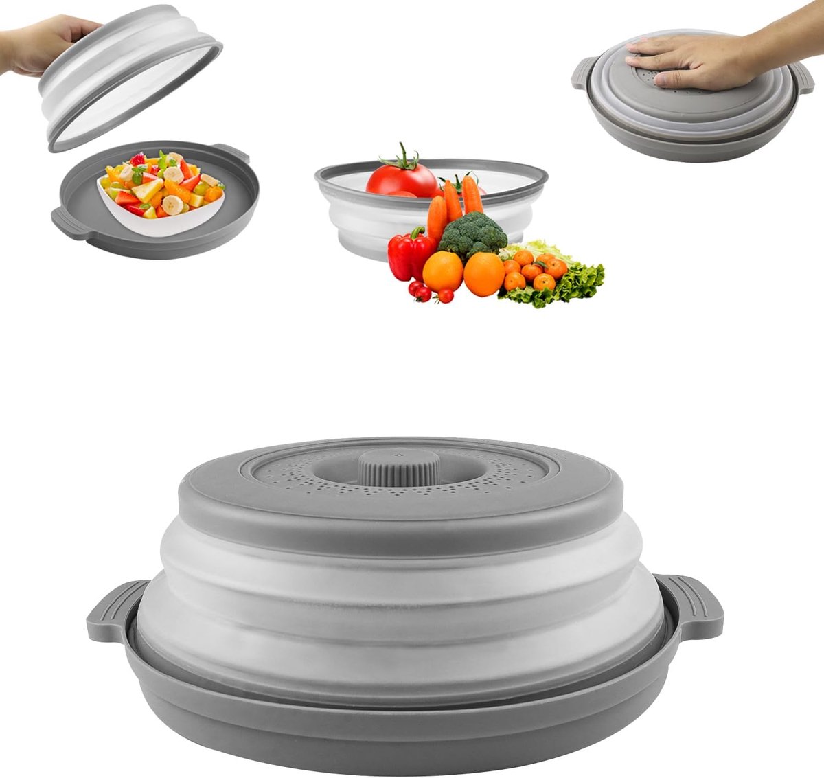Magnetronafdekking, 27 cm, afdekhoes voor magnetron zonder BPA, doorschijnende magnetronafdekking, spatbescherming, filtermand met stoomgaten voor groenten en fruit