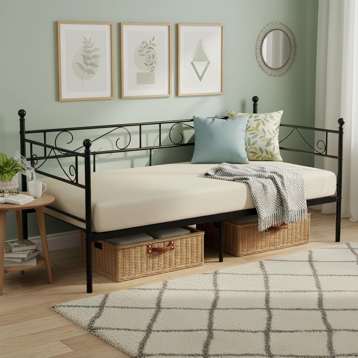 Metalen bed, bedframe, 90 x 190 cm, eenpersoonsbedden, dagbed met elegante patronen, bed met opbergruimte, logeerbed, jeugdbed, bedbank voor slaapkamer en woonkamer, zwart