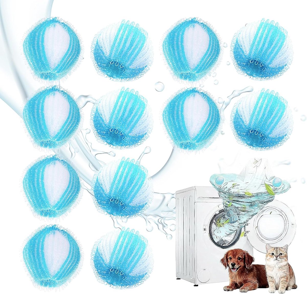 12 stuks, wasmachine, herbruikbare pluisballen, wasmachine, voor het verwijderen van dierenharen (blauw-wit, 12)