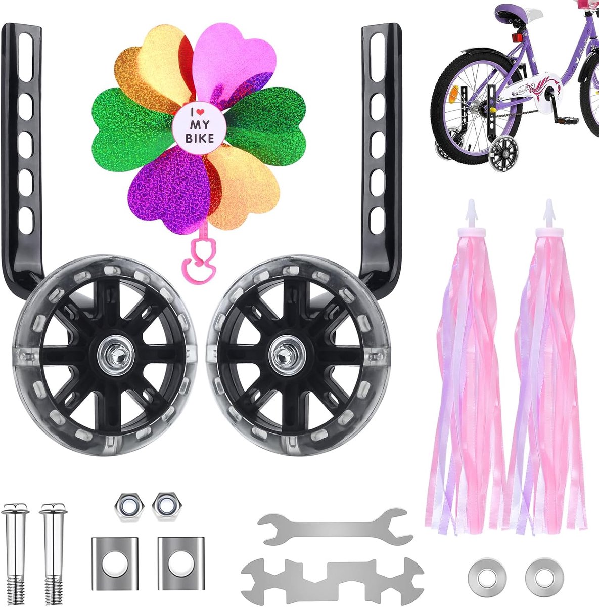 Kinderfiets, 2 stuks, universele steunwielen, kinderfietsen met moersleutel en windmolen, verstelbare fietssteunwielen voor kinderen, 12, 14, 16, 18, 20 inch