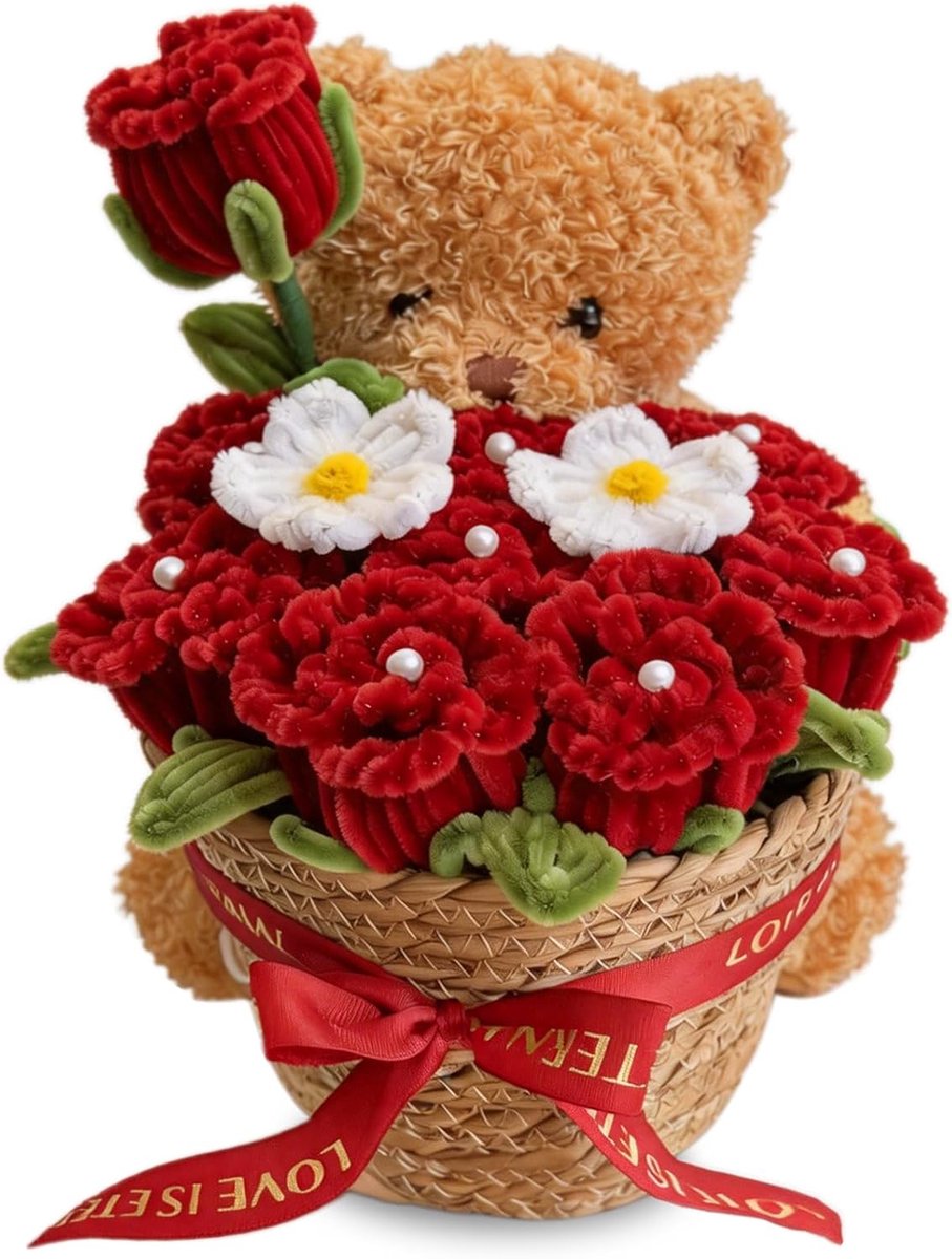 Eeuwige roos van chenilledraad, handgemaakte eeuwige bloem met beer, geconserveerde bloemen voor dames, moeder, vriendin, vrouw - verjaardag, Moederdag, Kerstmis, Valentijnsdag