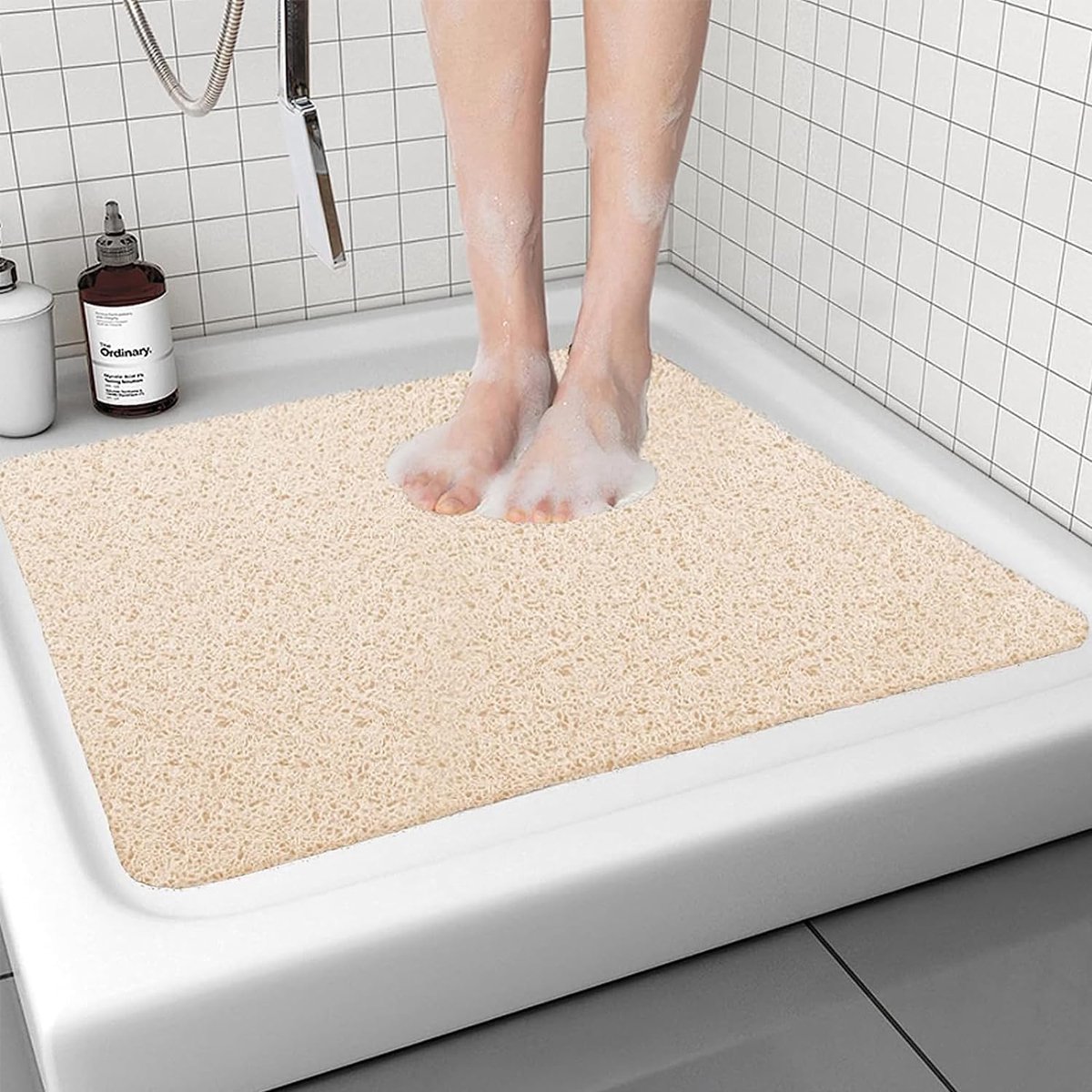 Douchemat antislip, beige, 60 x 60 cm, zacht comfort veiligheidsbadmat met afvoergaten, PVC-Luffa massage douchematten voor natte ruimtes, sneldrogend