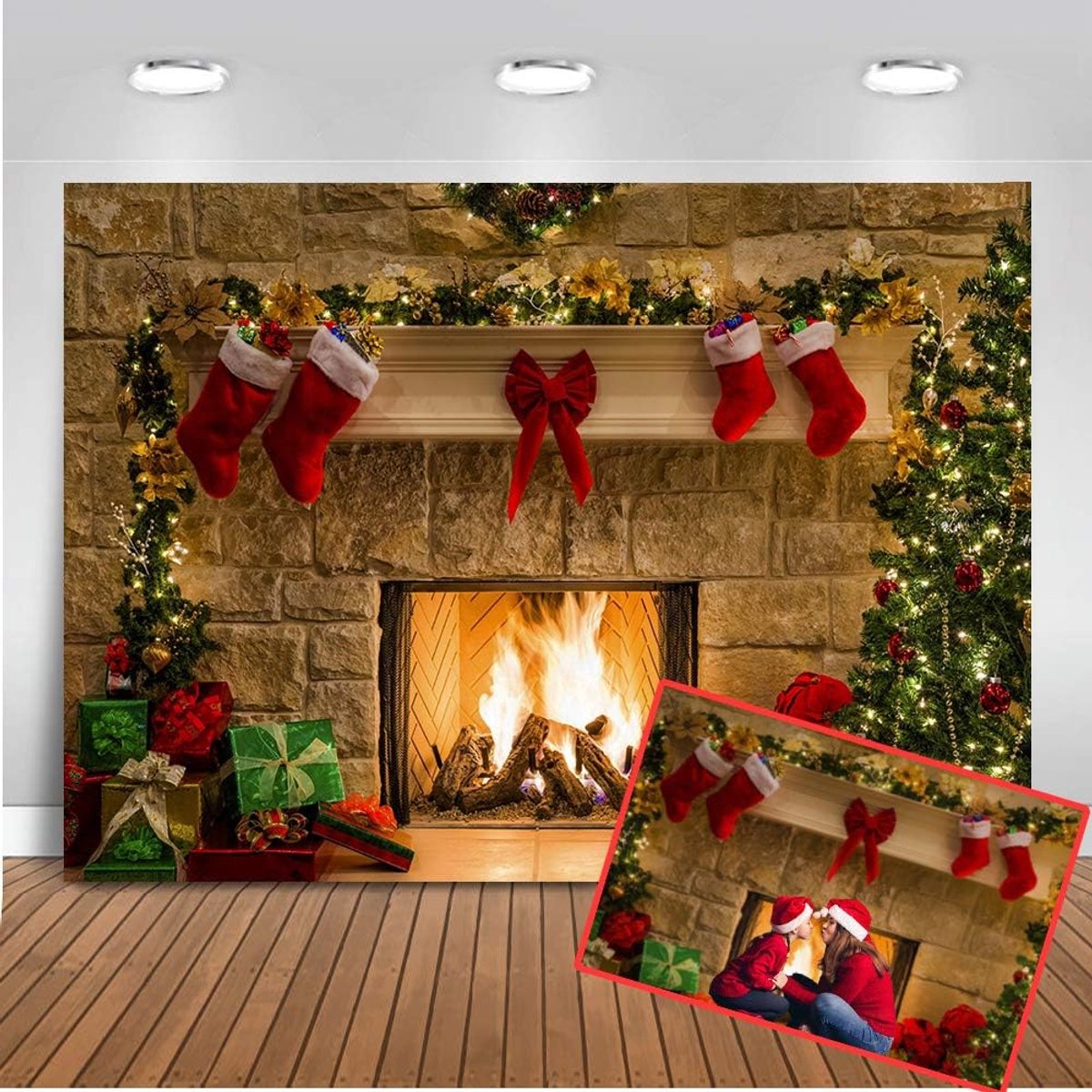 Thema Boom Open Haard Sokken Fotografie Achtergrond 7x5ft Xmas Party Decoratie Geschenken Kerstavond Indoor Foto Studio Props