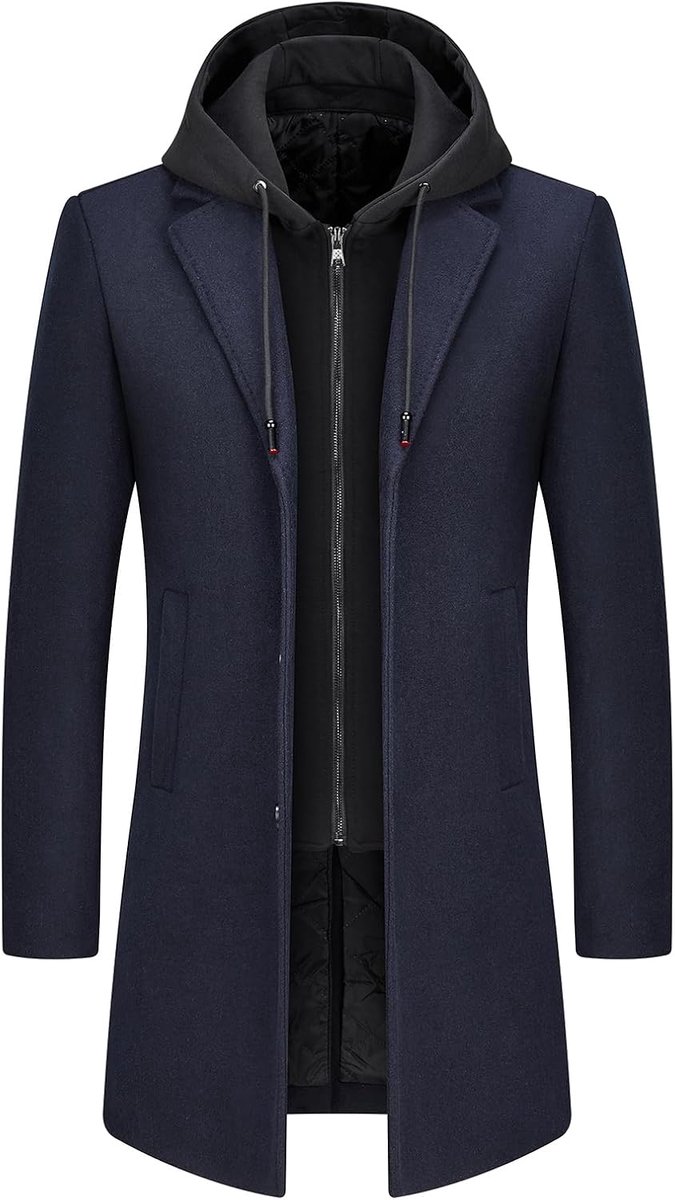 Trenchcoat voor heren, effen, casual, gewatteerd, outdoor, overcoat, lange capuchon, warme jas