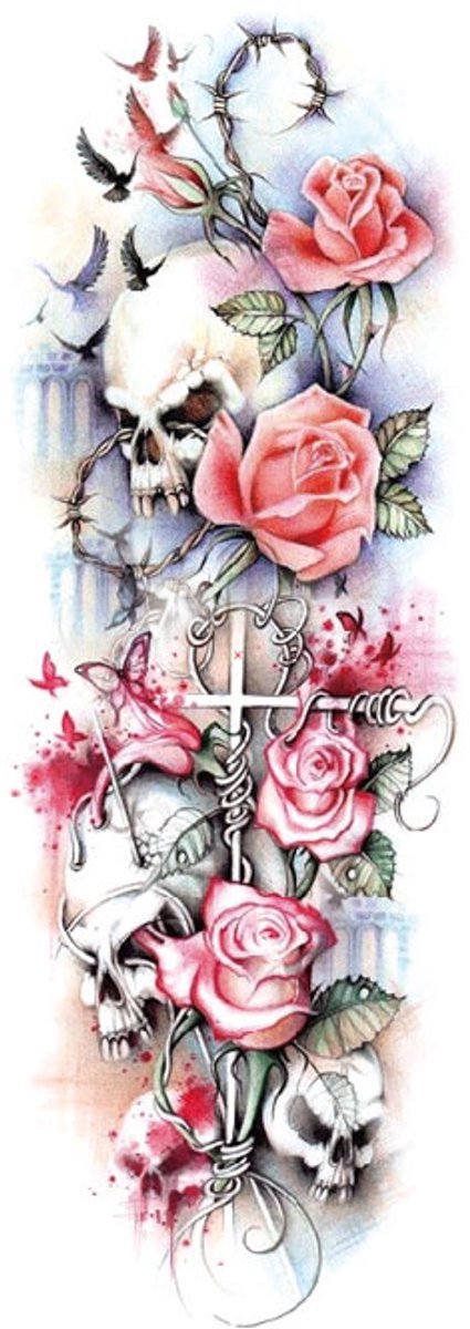 Tijdelijke sleeve tattoo bloemen skull duister 3 dagen