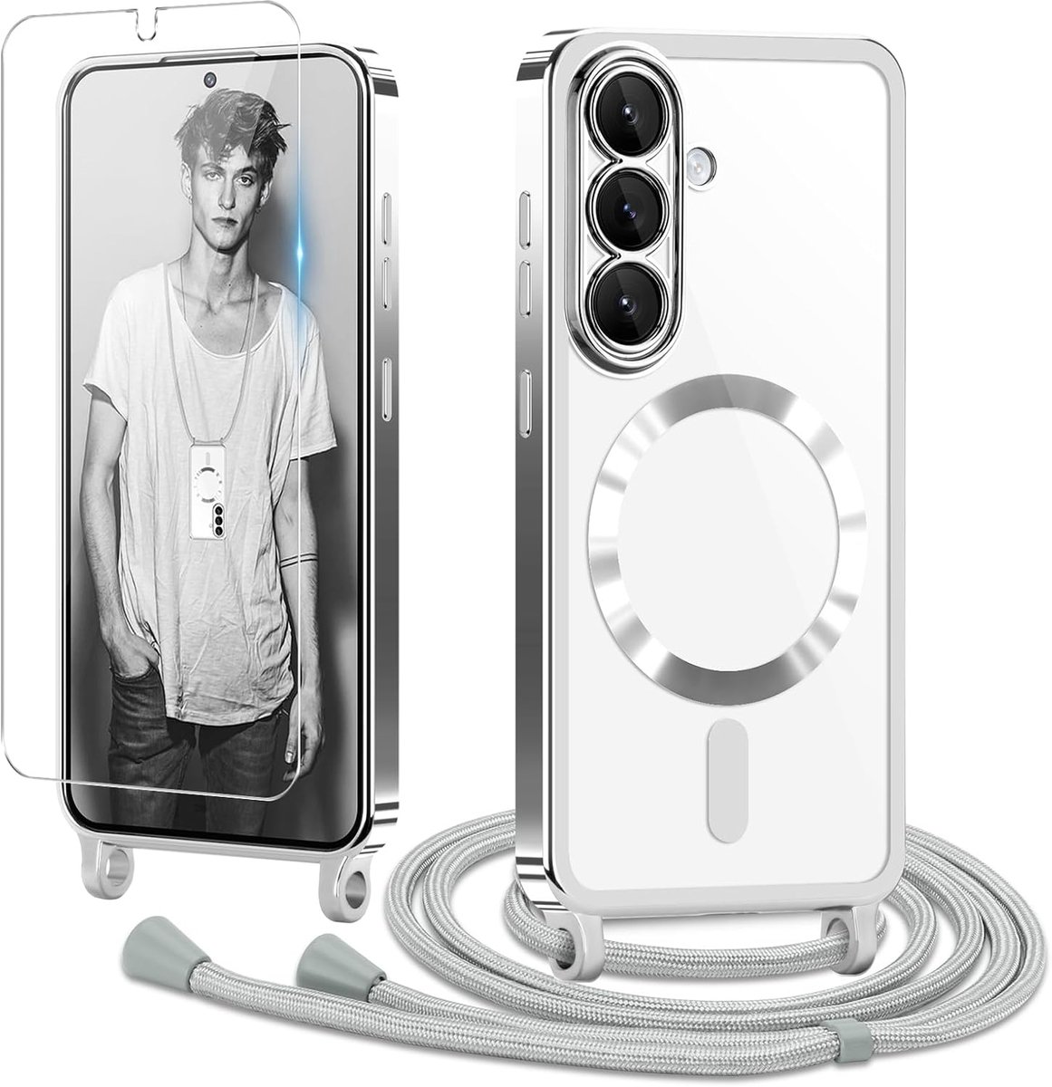 beschermhoes met koord voor Samsung Galaxy S26, hoes met 1 gehard glas, transparant, ultradun, schokbestendig, siliconen beschermhoes met lus voor Samsung S26 zilver