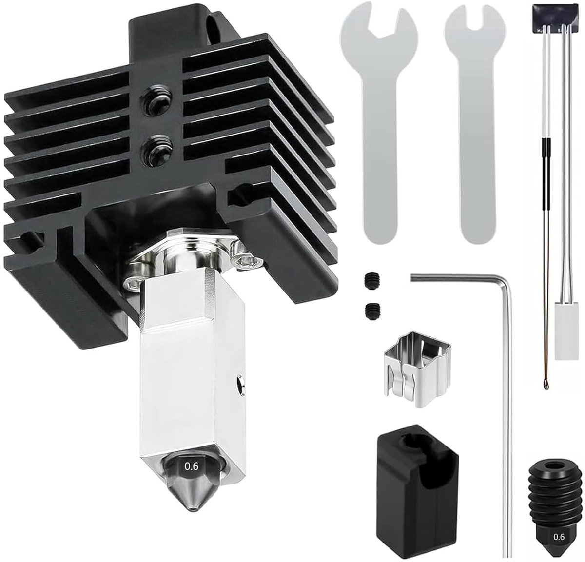 0,6 mm hotend kit voor Bambu Lab P1S/P1P 3D-printer, met geplateerd koperen verwarmingsblok, titanium warmtebreak, 0,6 mm gehard stalen spuitmond, verwarmingsblok kit, hotend met siliconen