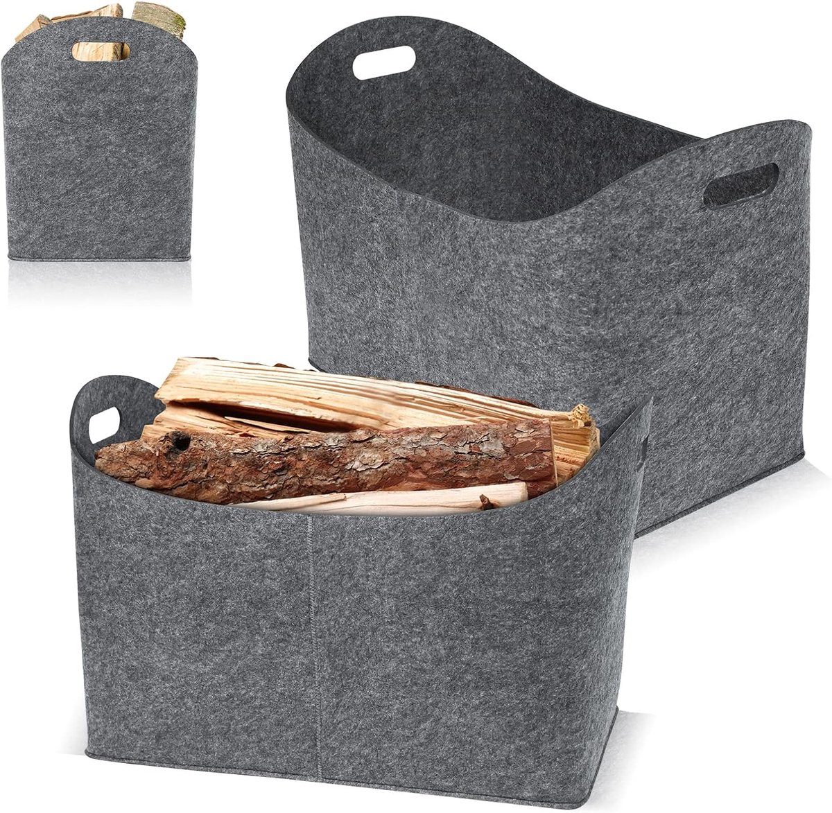 Vilten tassen 2x tassen van vilt, brandhoutmand, vilten tas shopper, opvouwbaar, brandhouttas, houtmand voor het opbergen van hout, kranten, brandhout (55 x 30 x 40 cm, lichtgrijs)
