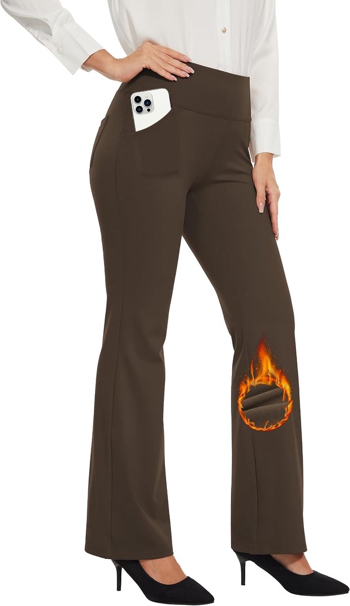 Thermo Bootcut Yogabroek voor dames met fleece gevoerde broek met 4 zakken, wintersportbroek voor dames, lang, hoge taille, stretch, warme joggingbroek