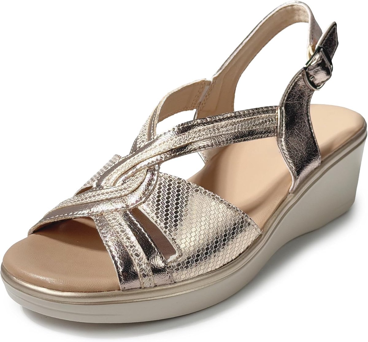 Damessandalen, comfortabel, met sleehak van 5 cm, elegante sleehak voor dames, zomer, met open teen, riempjes en verstelbare gesp, gevoerde binnenzool, lichte zomerschoenen