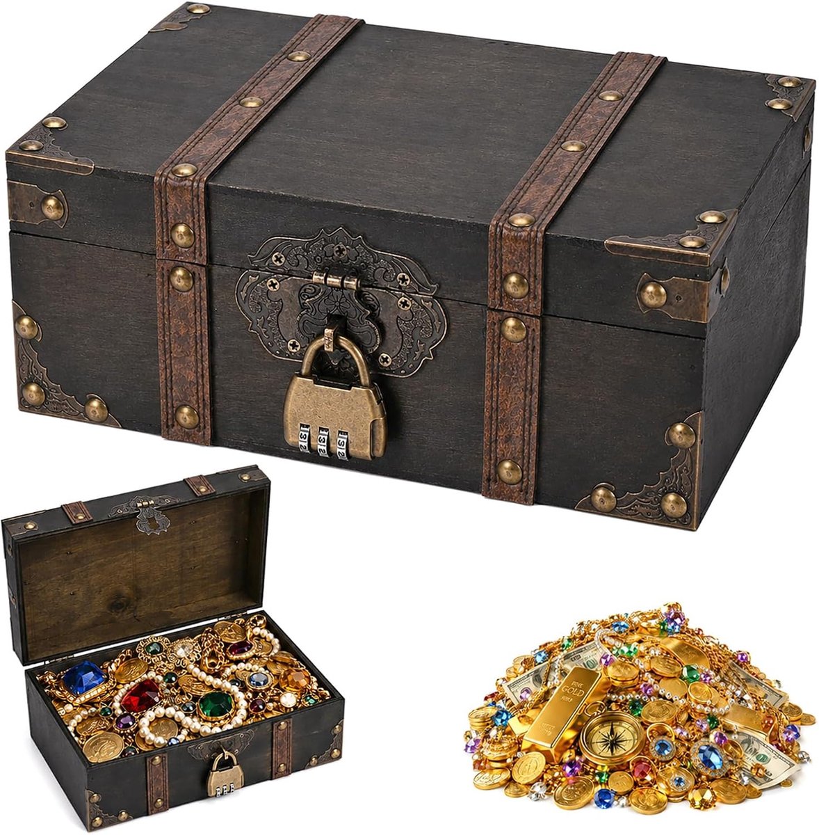 24x17x9,5 cm Vintage houten schatkist met slot, schatkist voor kinderen | piratenkist, kinderfeestje, piratenkist, houten piratenkist, houten doos voor schatzoeken, sieradendoos houten doos