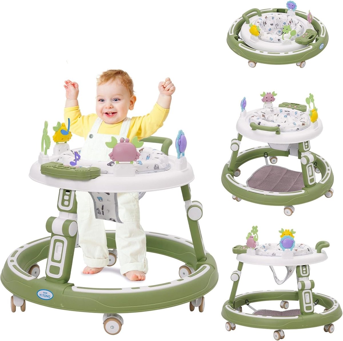 Loophulp met muziekspeelgoed, voetsteun, 360 graden demping, 6 wielen, 360° draaibare zitting, babyloophulp, opvouwbaar, geschikt voor baby's vanaf 0+, groen