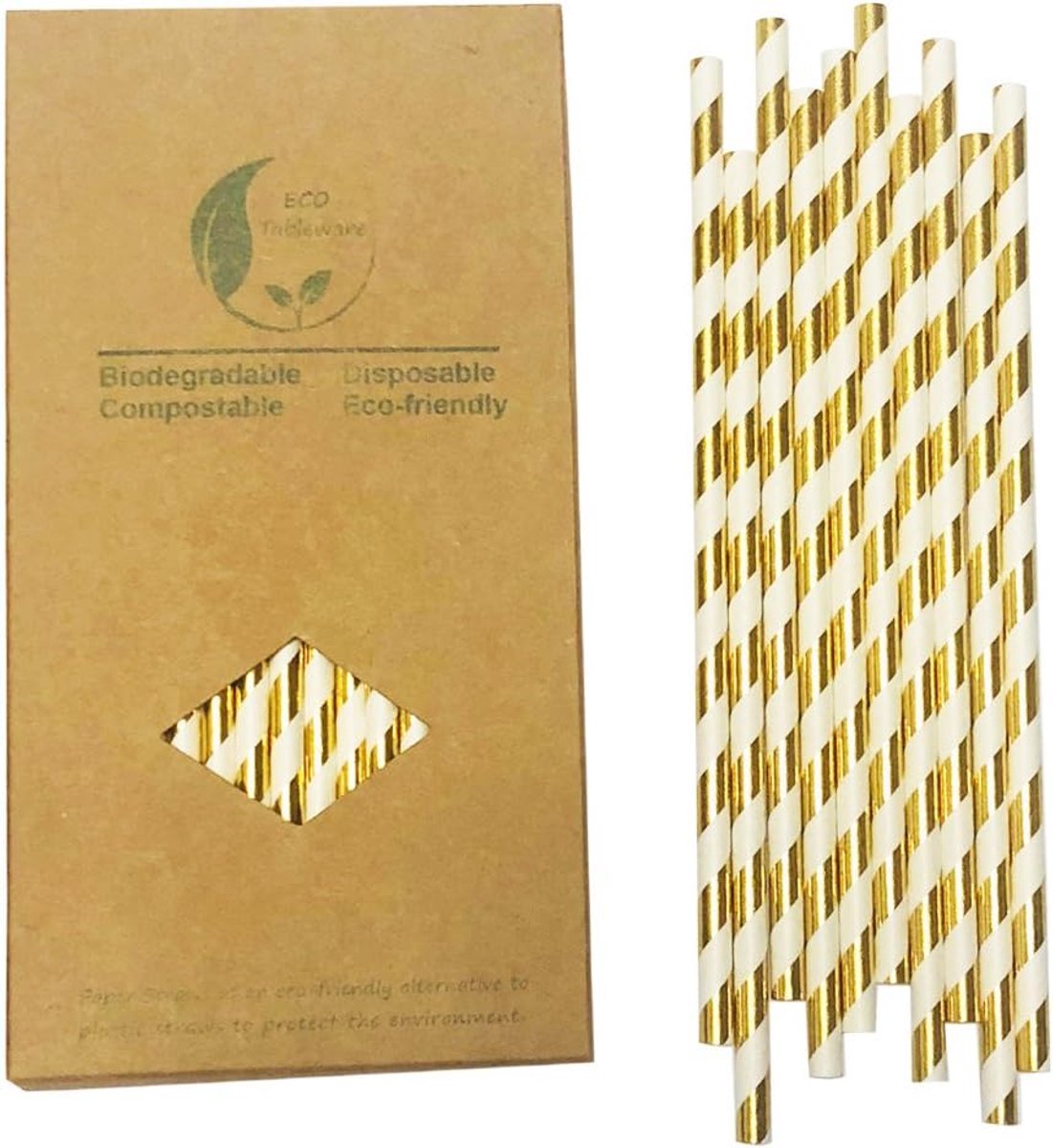 Papieren rietjes 100 stuks - Gouden gestreept - 19,8 cm lang - Perfect voor bruiloften en feesten - ShopVlot