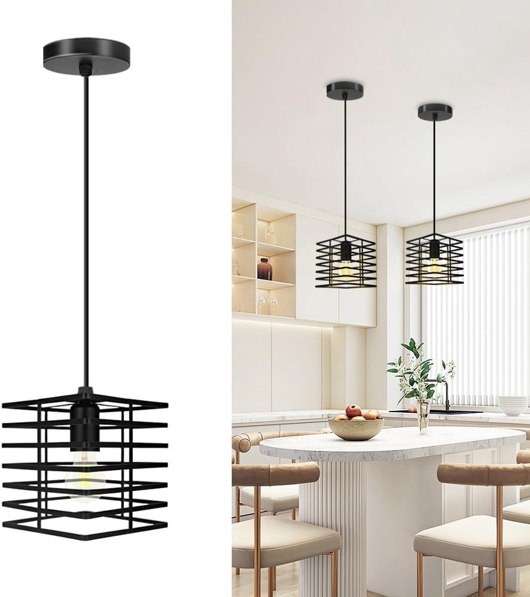 Hanglamp vierkant 16x16 cm - industriële kooi stijl - verstelbare kabel - perfect voor keukeneiland - ShopVlot