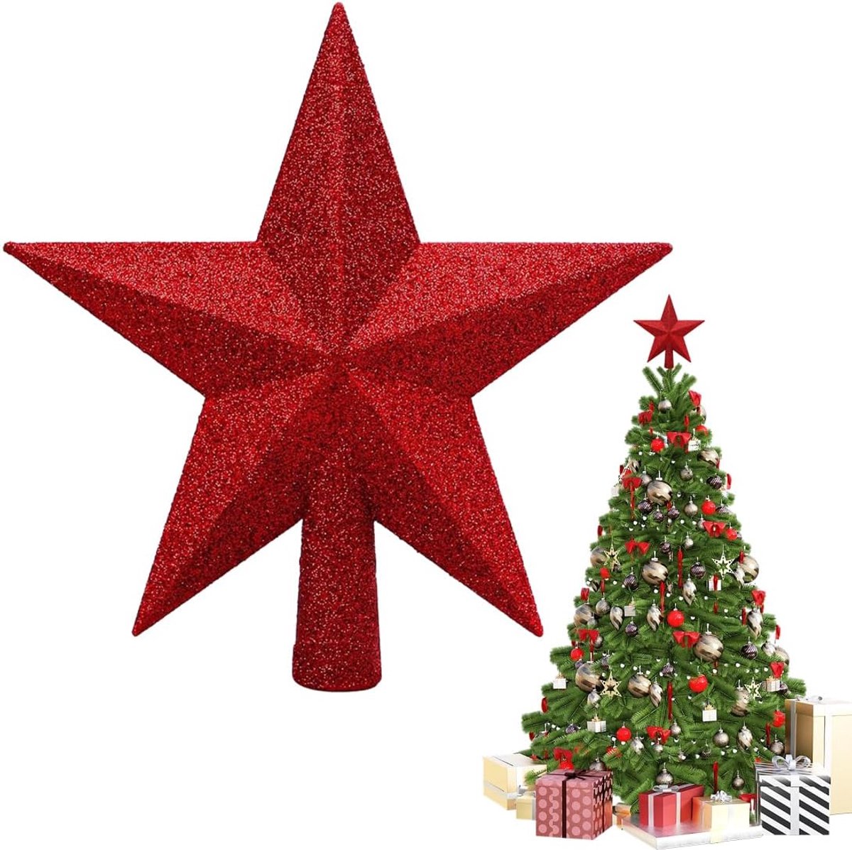 Kerstboomtopper 20cm - Glitter Ster - Rode Versiering - Stralende Afwerking voor Feestdagen - ShopVlot