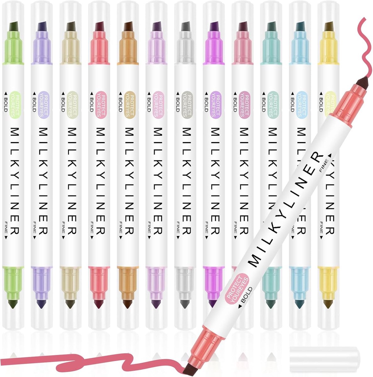 Markeerstiften 12 kleuren pastel - brede en fijne punt - dik en dun - ideaal voor aantekeningen - ShopVlot
