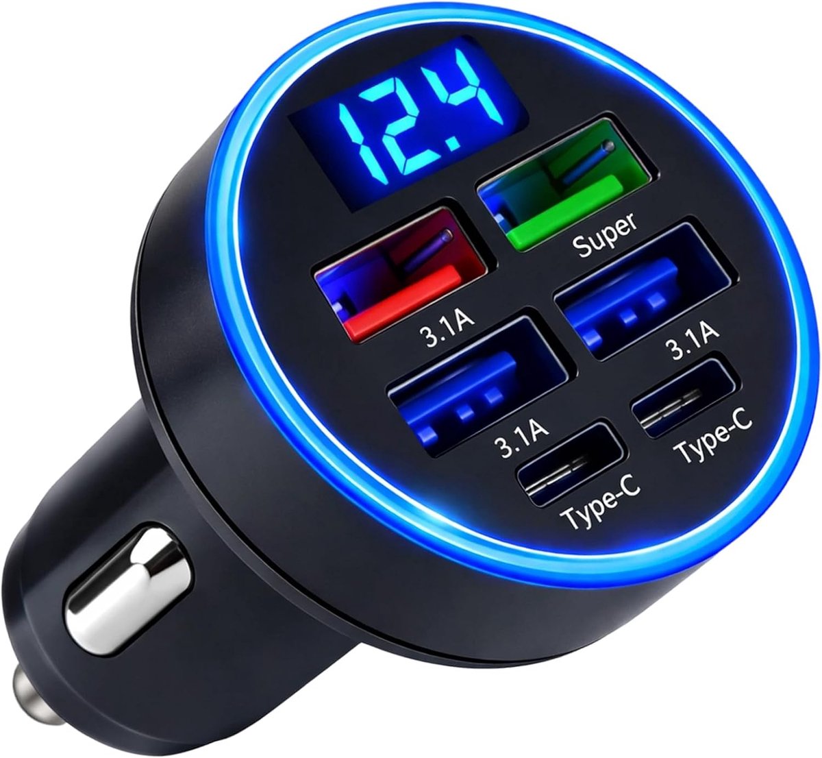 LED USB autolader adapter 6-in-1 - 6-poorts 12/24V - met led-voltmeter - snel opladen onderweg - ShopVlot