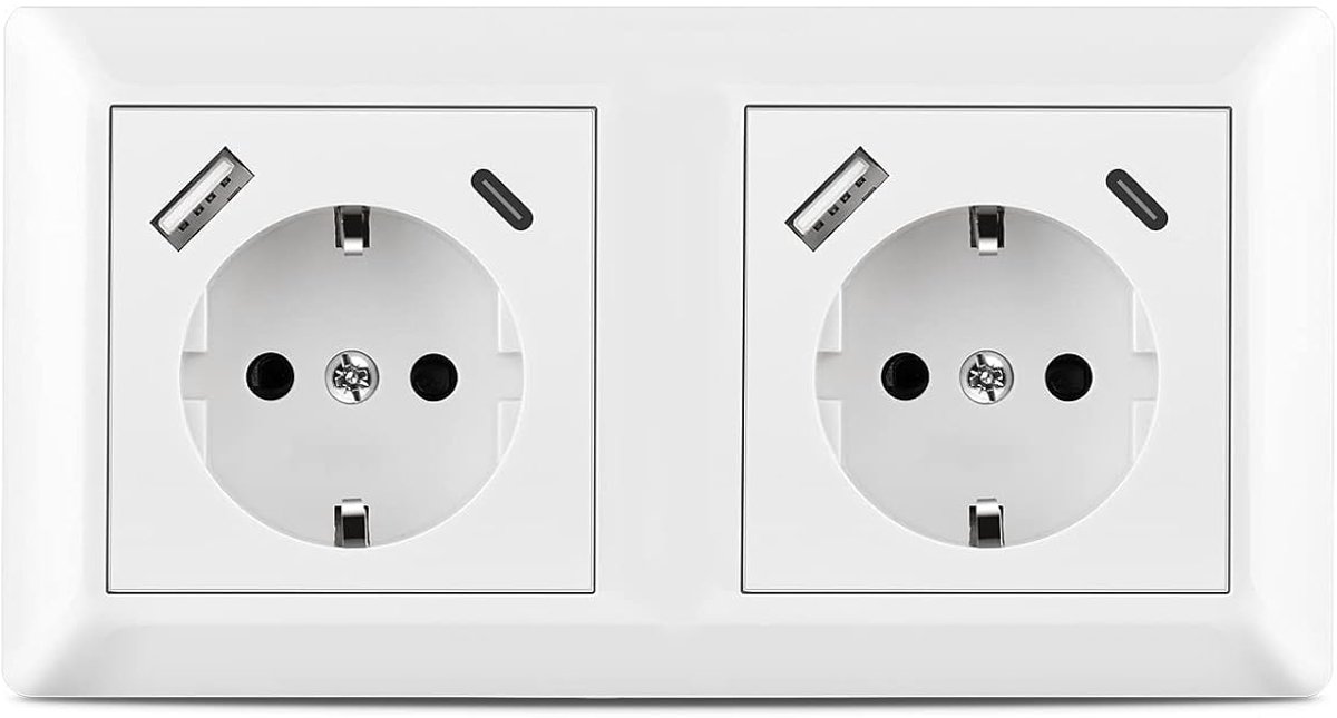 USB Socket - Dubbele Schuko Inbouwstekker Met USB en C Frame - Laad 6 apparaten tegelijk - ShopVlot