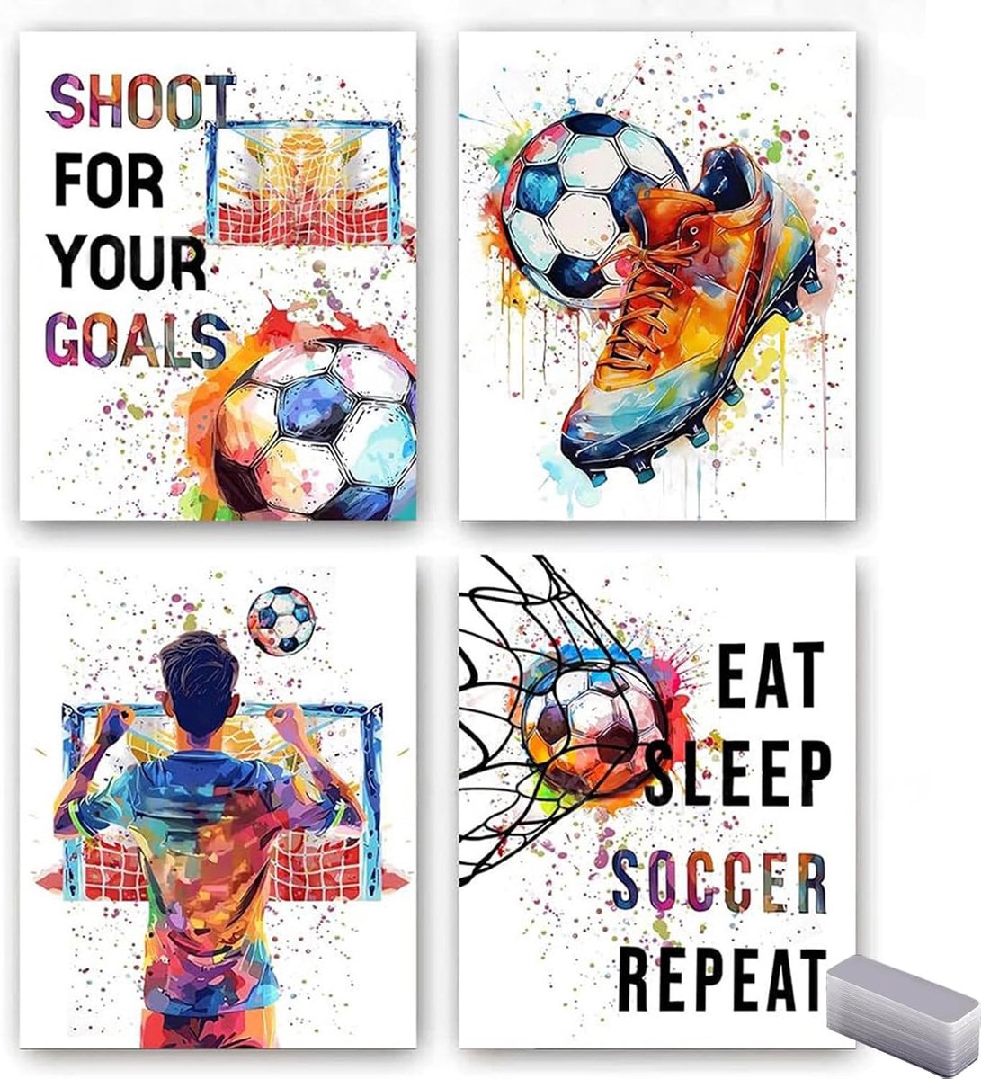 Voetbalkunstprints set - kleurrijke graffiti op papier - met dubbelzijdige plakstrips - ideaal voor sportliefhebbers - ShopVlot