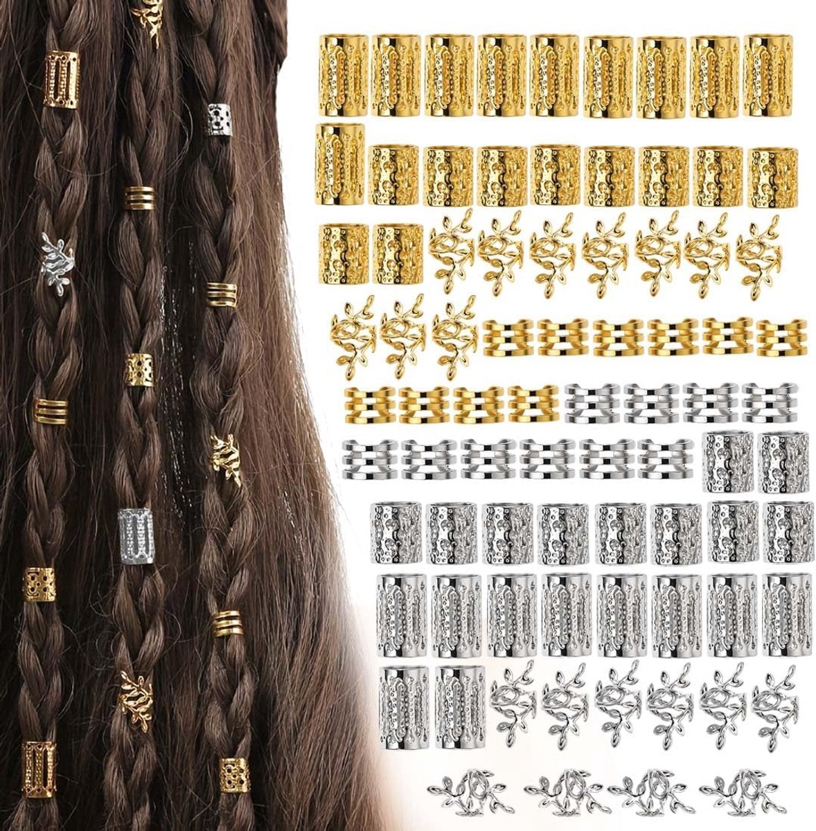 Haarringen 80 stuks - standaardmaat - goud en zilver - stijlvol voor dreadlocks en vlechten - ShopVlot