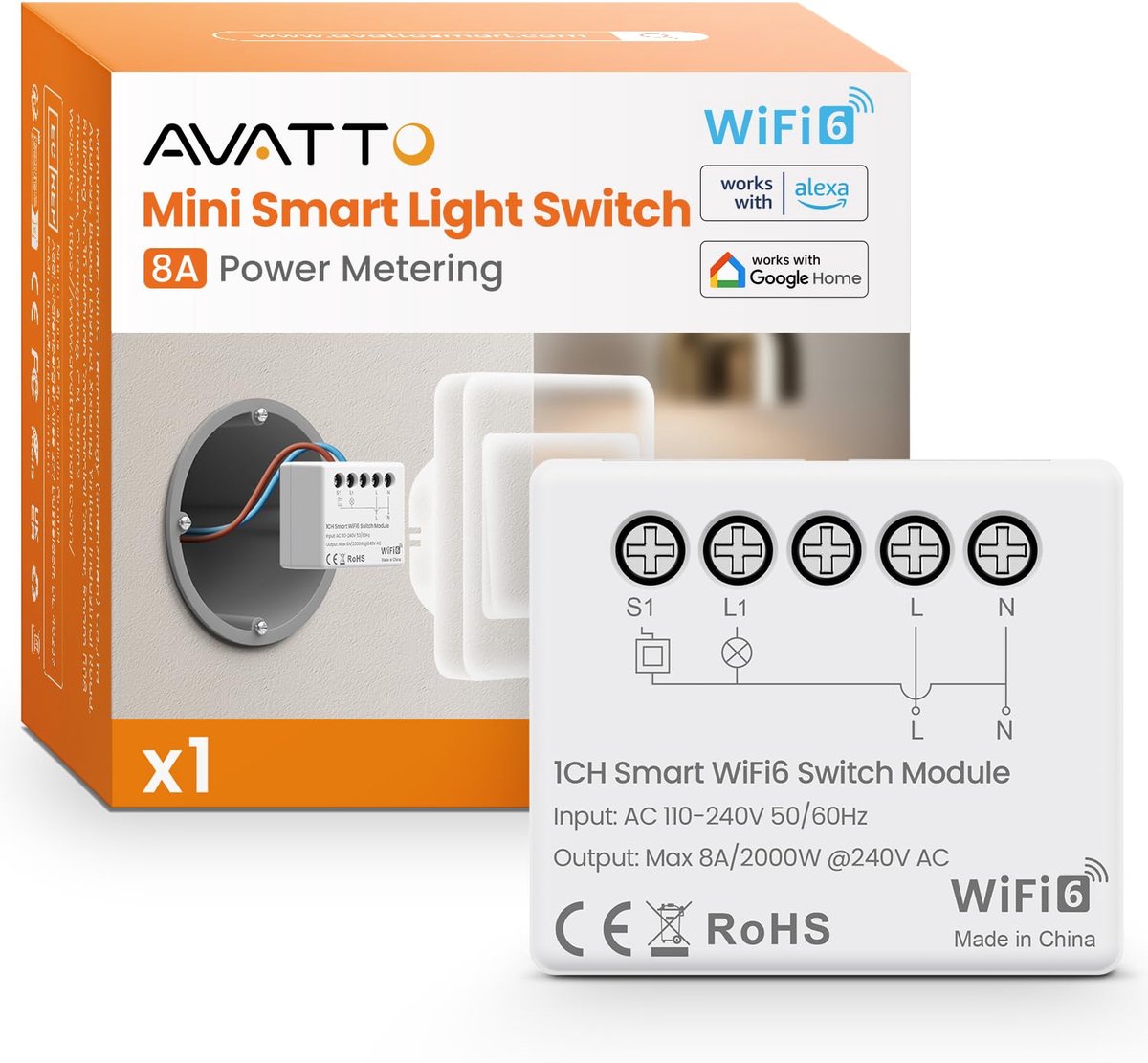 Mini WiFi 6 lichtschakelaar - slim met vermogensmeting - compatibel met Alexa en Google Home - eenvoudig te bedienen - ShopVlot