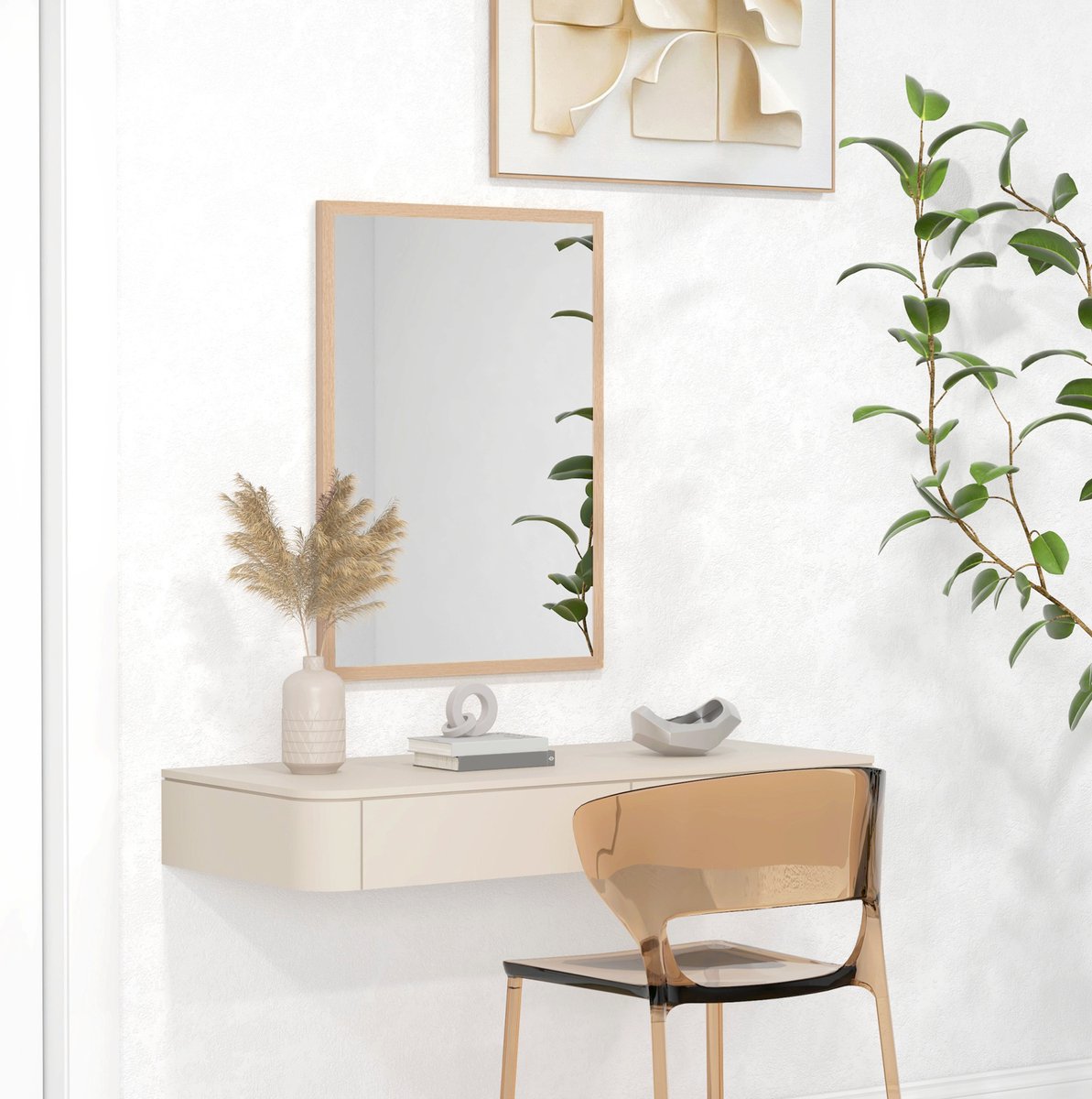 Wandspiegel Met 4 Haken – 50 x 70 cm – Rechthoekig – MDF Lijst – Natuurlijk Hout – Voor Woonkamer, Hal En Badkamer