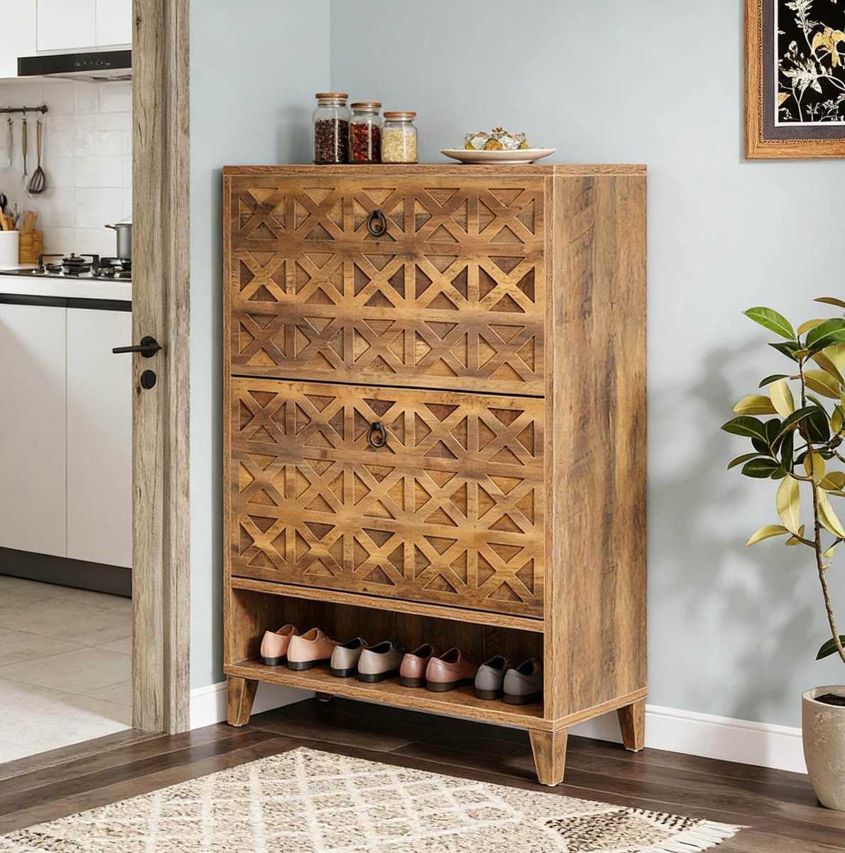 Schoenenkast Ruimtebesparend - 80 x 24 x 110 cm - MDF en Hout - Bruin - Met 2 Kleplades en Open Vak voor Hal en Woonruimte