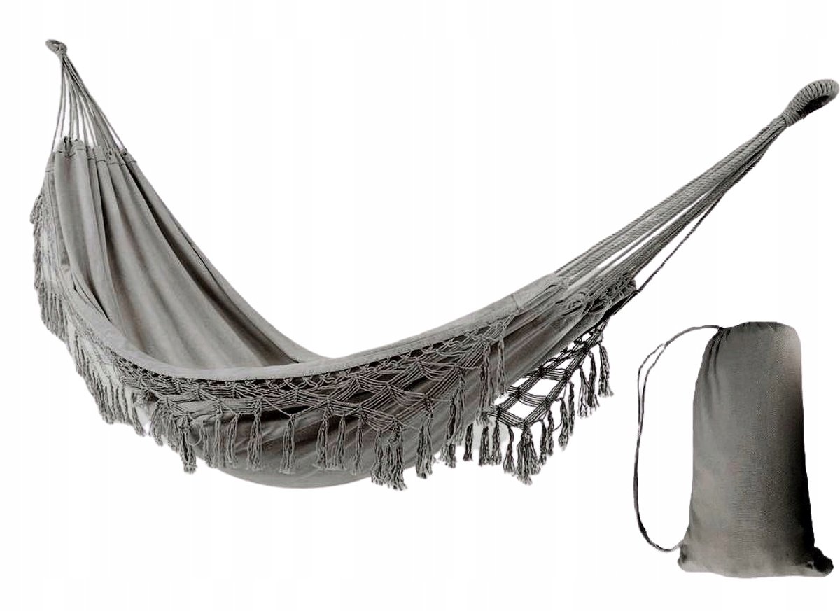Grote Braziliaanse Boho Hangmat met Macramé en Franjes - Grijs