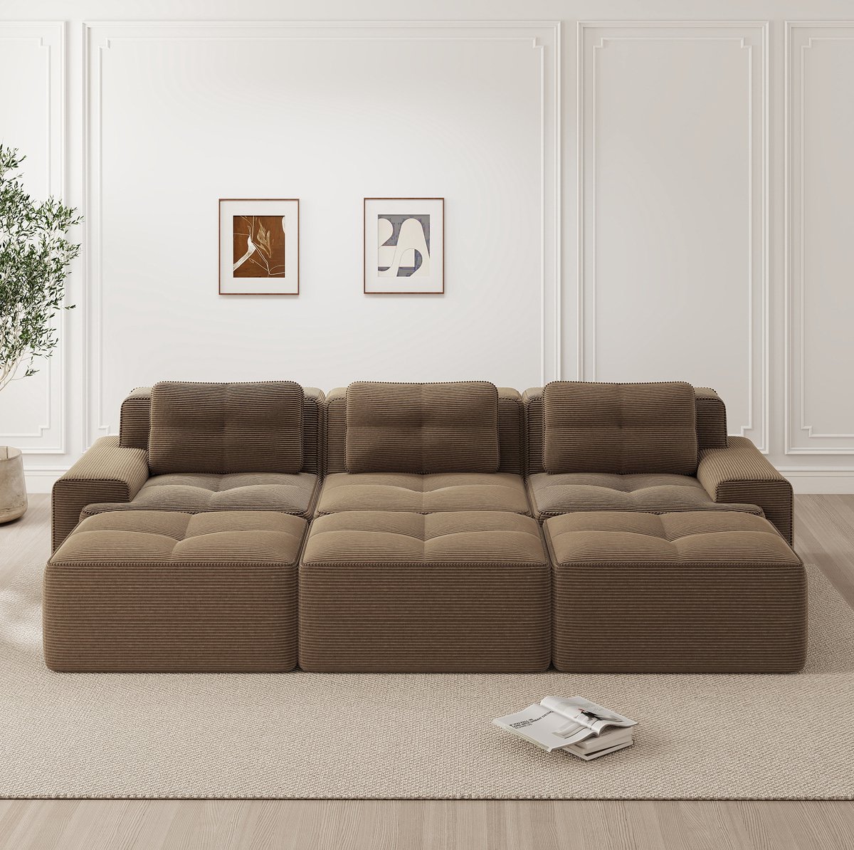 MIVRAY Hoekbank 293 x 177 x 69 cm - Modulaire 3-Zits Met Slaapfunctie En Diepe Zitting - Voor Woonkamer - Corduroy Bruin