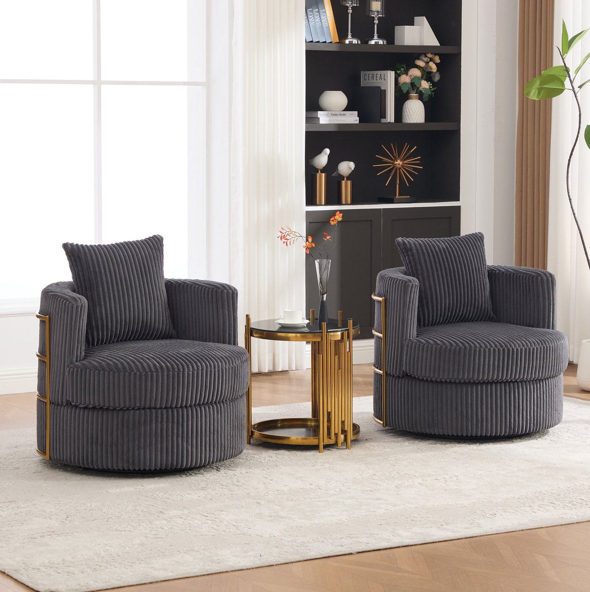 MIVRAY Fauteuil 76 X 79 X 78 Cm - 360 Graden Draaibaar Met Opbergruimte En Armleuningen - Voor Woonkamer En Slaapkamer - Ribstof - Grijs
