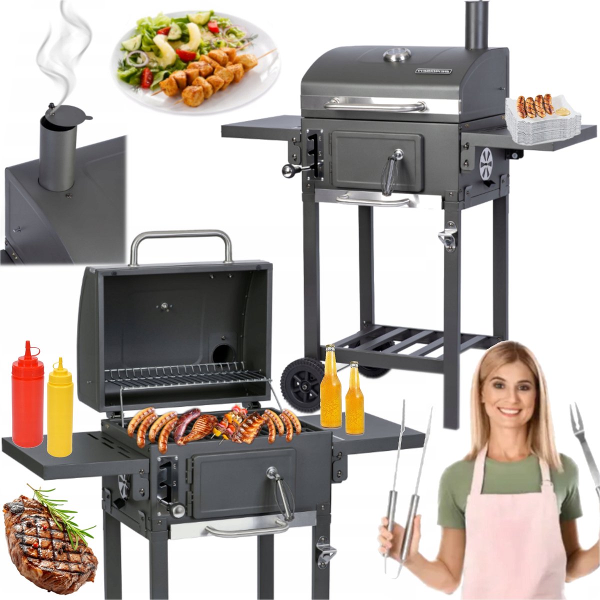 Grote Houtskool Grill met Gietijzeren Haan & Veel Accessoires
